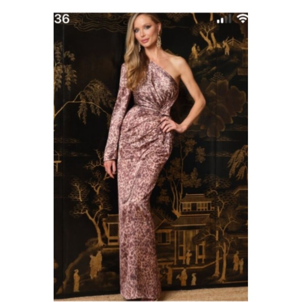 Marchesa Senna Women’s Satin Leopard One Sleeve Twist Front Maxi Gown Size 4 NWT